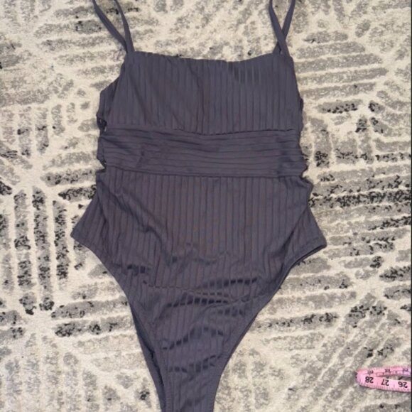 Dark Gray Ribbed One Piece Swimsuit Women Large Shade & Shore - Picture 3 of 10
